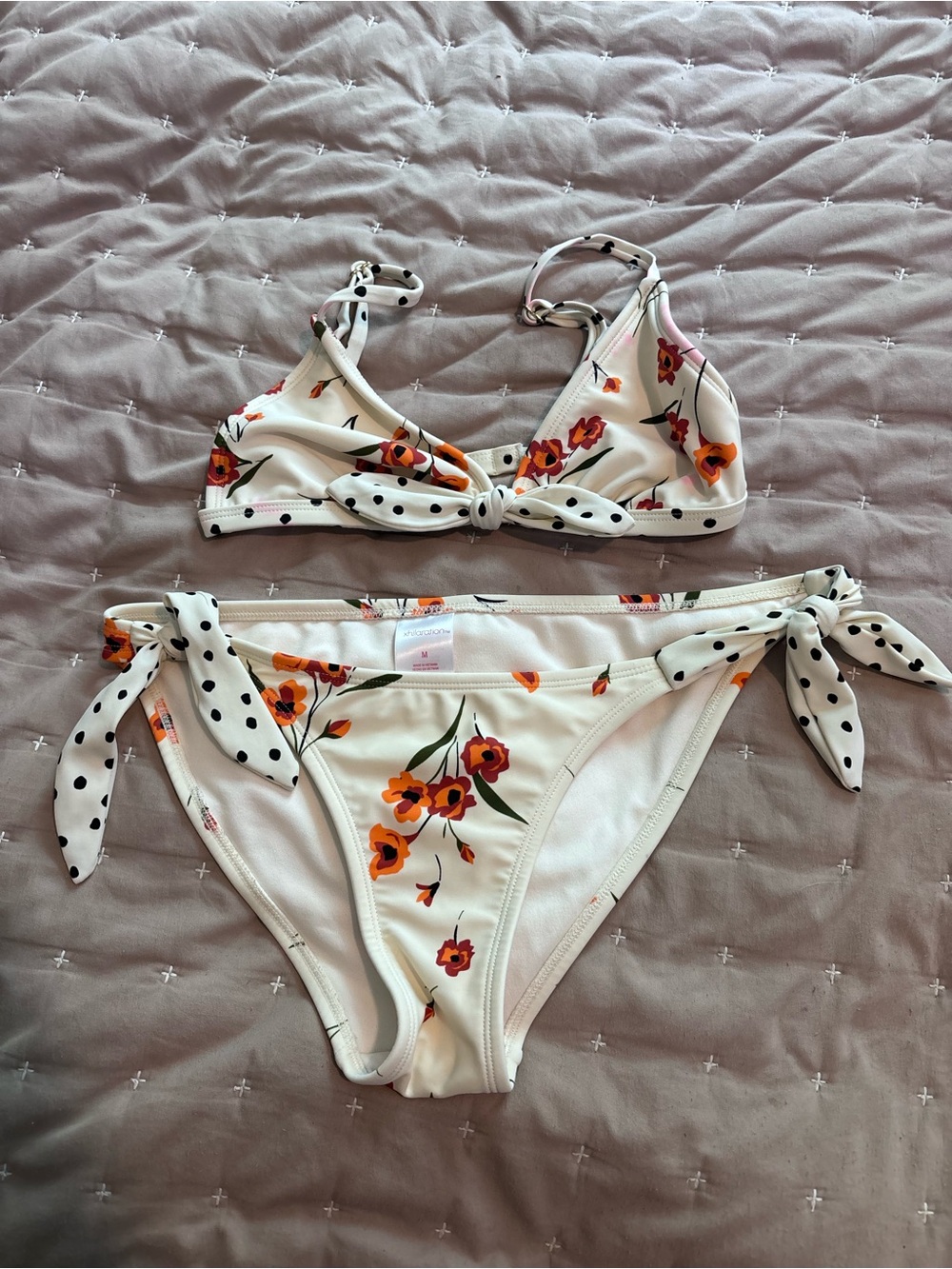 Xhilaration White Floral Bikini Set with Orange Flowers and Black Polka-Dot Ties